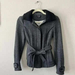 GUESS Heather Grey/Black Knit Jacket Removable hood waist chinch WOMENS SIZE XS